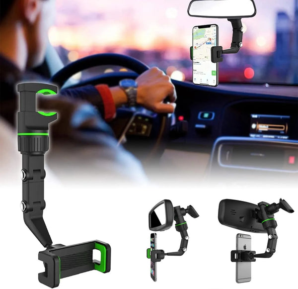 360° Rearview Mirror Phone Holder, Universal Car Phone Holder, for Car Rearview Mirror Cylindrical Mount, Phone and GPS Holder, Suitable for All 4-6.1 Inch Mobile Phones Holder