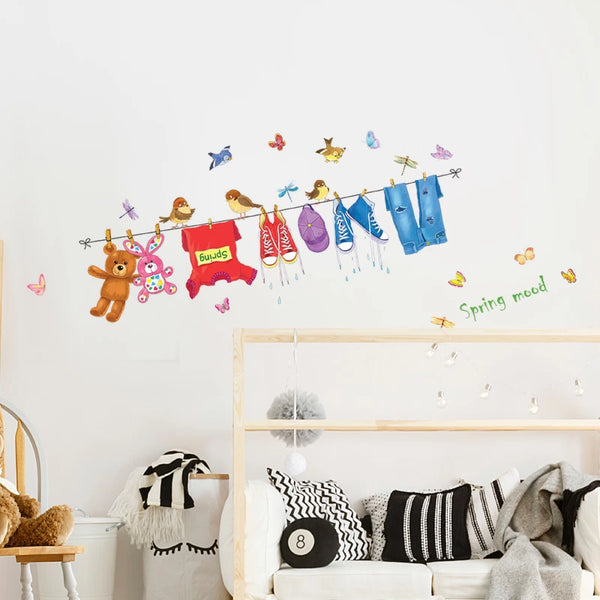 Wall Sticker ABC-1063 Hanging Clothes Shoes Toys Wall Paper For Kids Room Colorful Birds And Butterflies