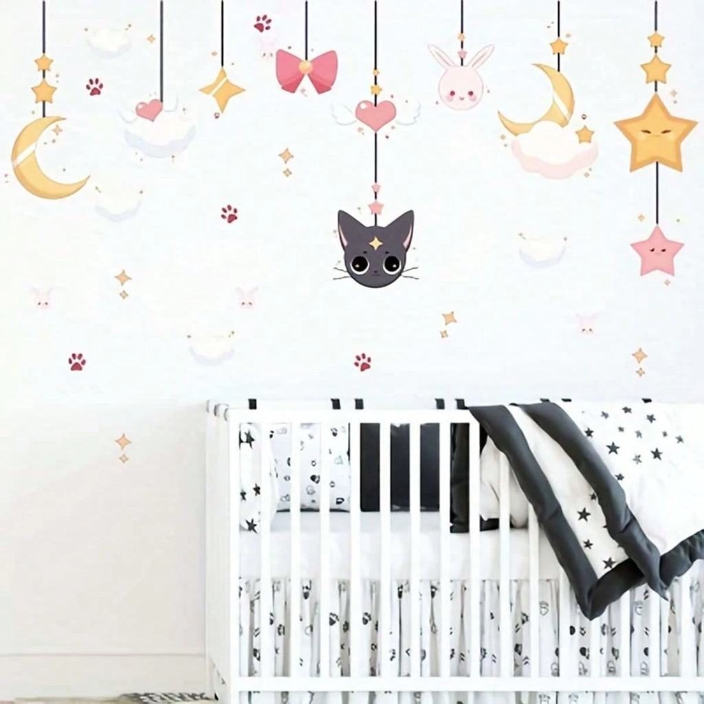 Sky, Moon, Clouds, Cats and Rabbits Pattern Wall Sticker, Suitable for TV Background, Window, Dining Room,