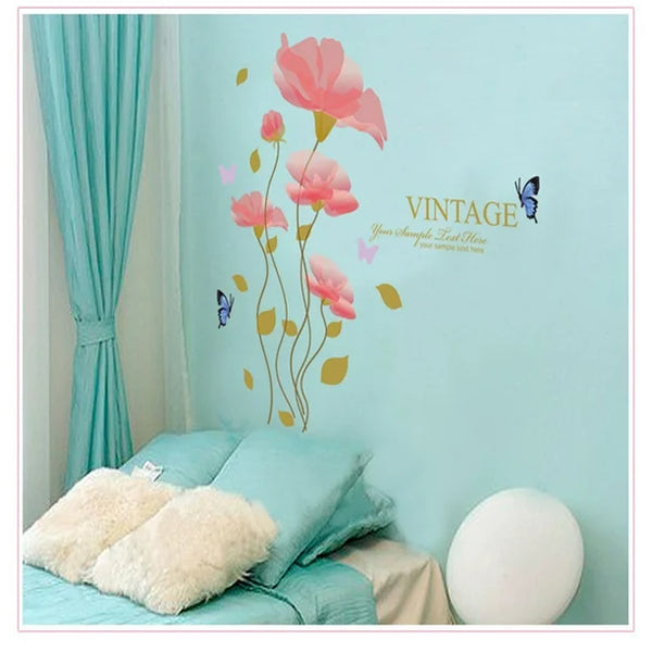 3D Romantic Warm Pink Enchanting Flower Wall Stickers Wall Decal PVC Transparent Film for Living Room Children's Room TV Sofa Background Wall Art Decors