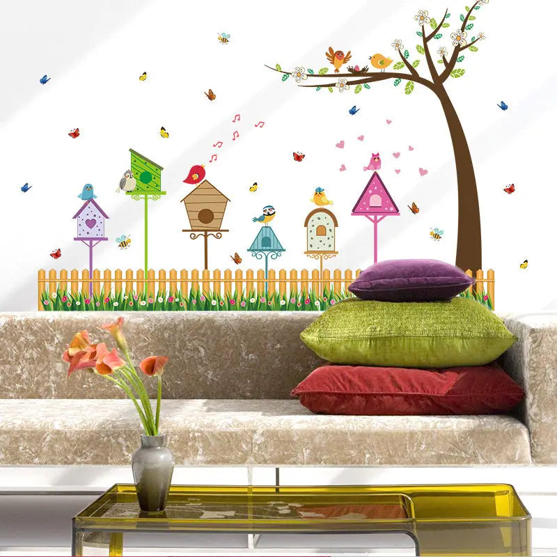 Wall Stickers TV Background wall-sk9085 Fence Birdhouse Fresh Home Living Room TV Background Wall Sticker