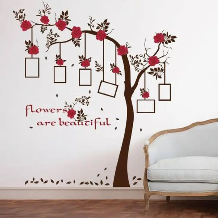 SK9086 New Chic Family Red Flowers Photo Frame Tree Wall Sticker Living Room Decor Room Decals