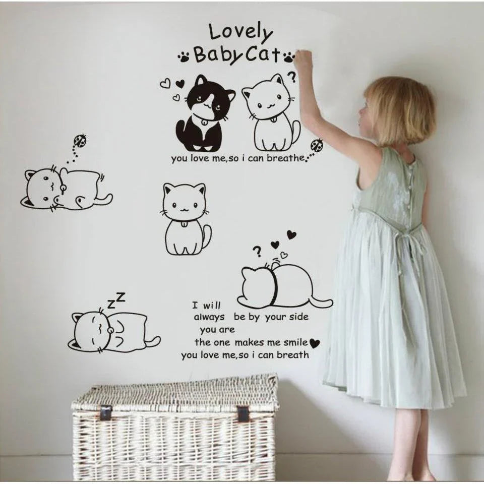 Wall Sticker English Letters Lovely Baby Cats Paper Home Decal Removable Wall Vinyl Living Room Bedroom PVC Art Picture Murals Waterproof DIY Stick for Adults Teems Kids Nursery Baby size 60x90 ay9048