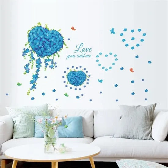 Luckydog@wall Blue butterfly love flower clover living room wall stickers size 60x90  zy047