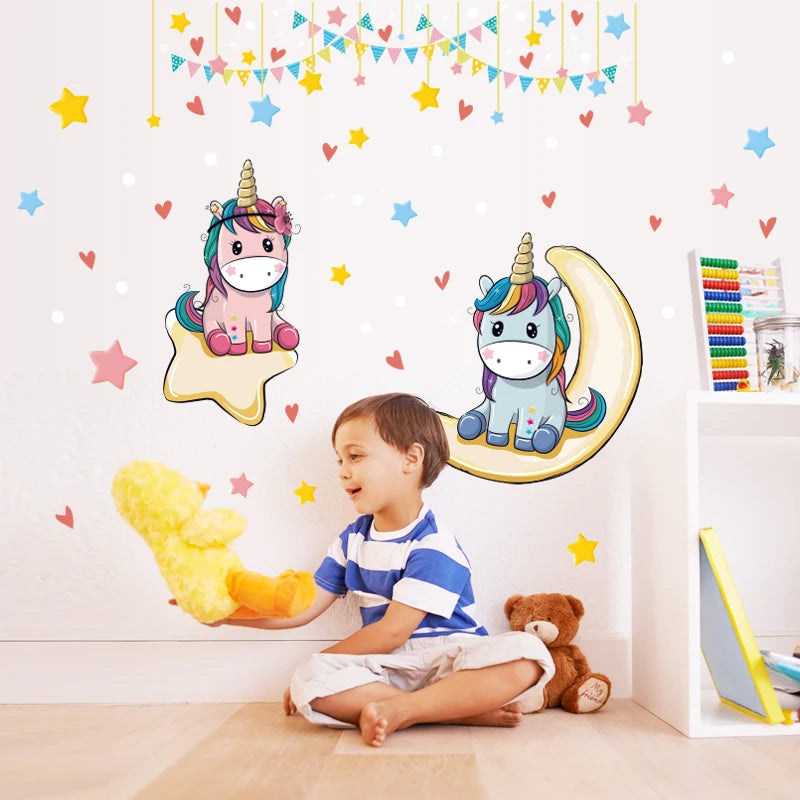 Pink Cartoon Unicorn Wall Sticker Moon and Stars Colorful Flag Wallpaper for Kid's Living Room Bedroom