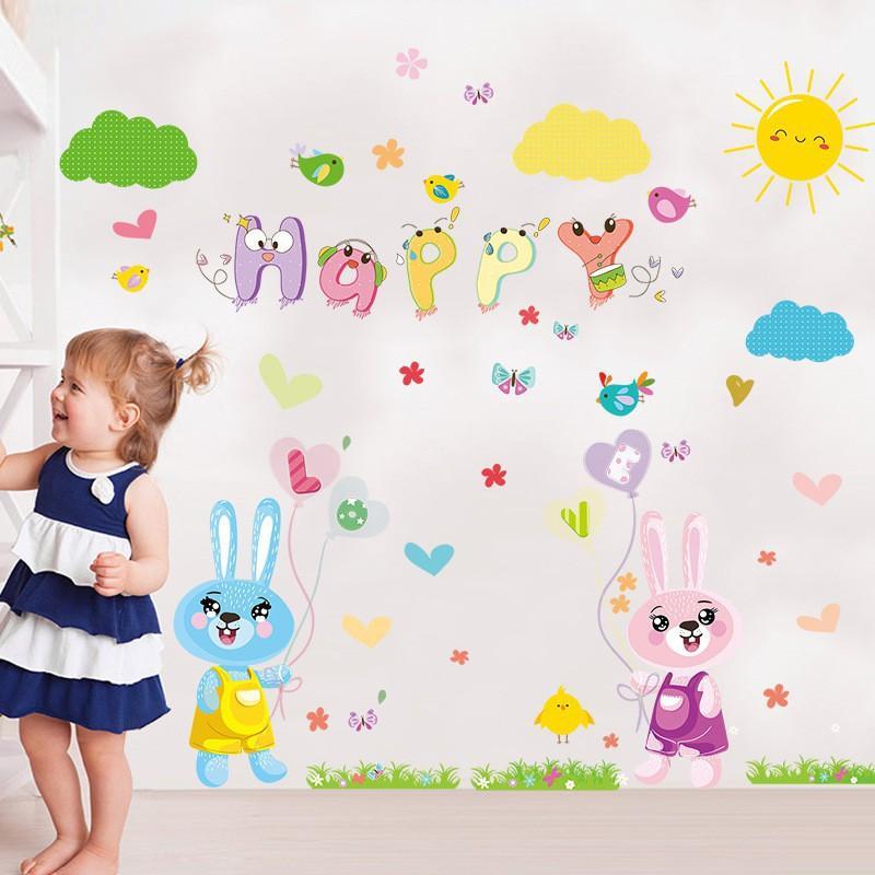 XL8208 cartoon love rabbit butterfly wall birds chicks flower wall stickers for kids rooms bathroom decor wall decals poster