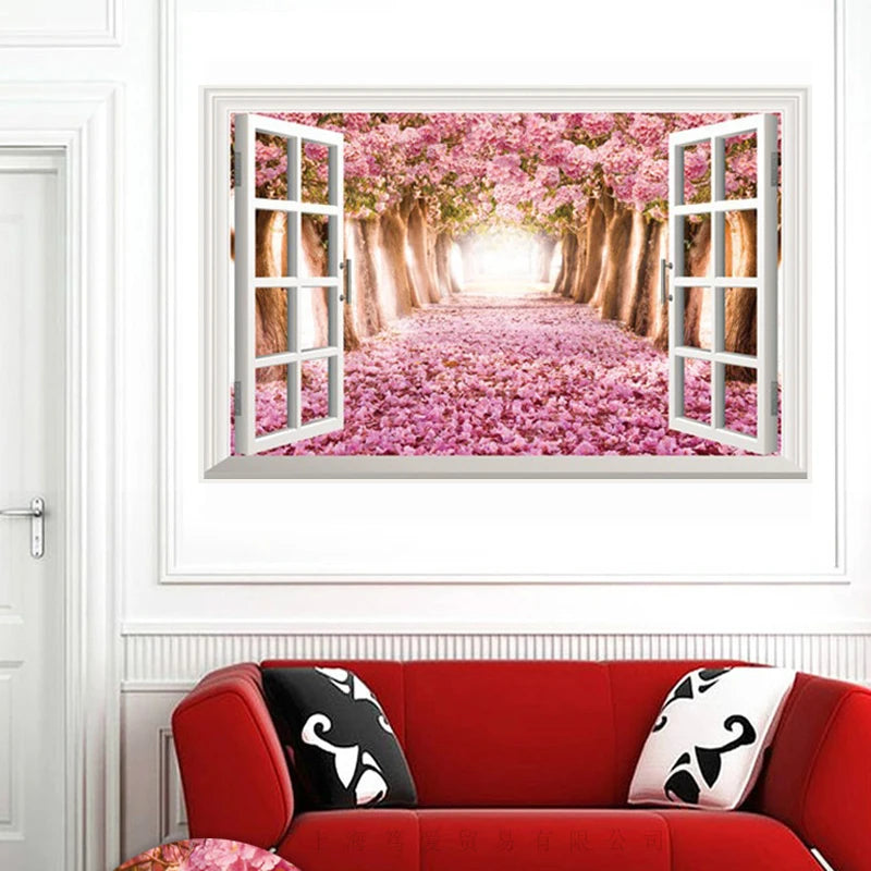 3D Cherry Blossoms Floral Tree Scenery Window Wall Stickers xh0999