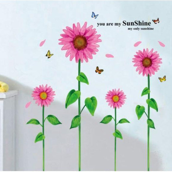 Pink Sunflower Wall Stickers, Wallpaper Stickers, Suitable for Rentals, Peelable, DIY, Redecor, Interior Decor, Sunflower, Butterfly size 60x90 ay1919