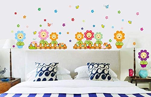 K2A Design Decorative Beautiful Multicolour Funny face Flowers Butterflies Flying Bees Wall Sticker for Home décor (PVC Vinyl Covering Area 116X54 cm)