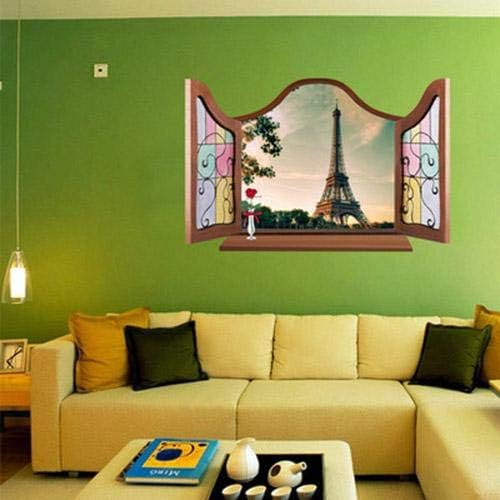 MJ8017cw Generic 3D Window Eiffel Tower Pattern PVC Wall Sticker Paper Mural Ornament 90 x 60cm