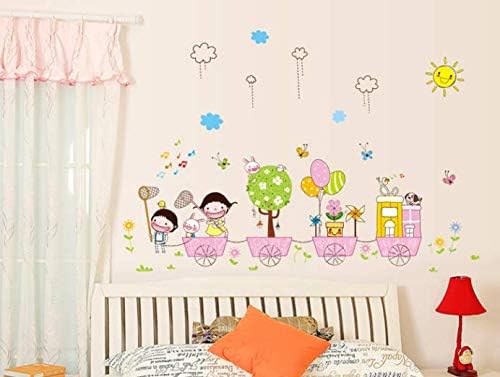 Cartoon girl rabbit balloon butterfly wallpaper flower windmill sun wall stickers children room classroom kindergarten wallpaper living room bedroom wall sticker size 50x70 ay7060