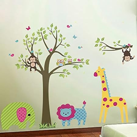 Rebate Fan Big Colorful Tree and Jungle Animal  Wall Sticker Nursery Bedroom Wall Art Decor Cute Giraffe Monkey Owl Tree Art Wall Stickers Kids Room Removable Decal Baby Bedroom Wall Art by Df5071