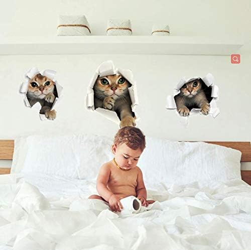 Sks6071 3PCS 3D Cats Wall Sticker Cartoon Animal Hole View Decals Removable DIY Decoration Pet Love for Baby Kids Nursery Room Kitchen Living Room Bedroom Bathroom