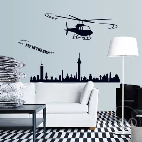 Jm8216  Wall Stickers Boys Room Helicopter Flying Black Art Self Adhesive Sticker