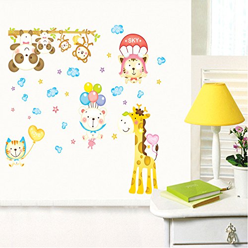 Happy Day Animals Baby Safari Hanging Bears and Monkeys Wall Decals Blue Coulds Heart Ballon Removable Toddlers Room  size 60x90 ay9182