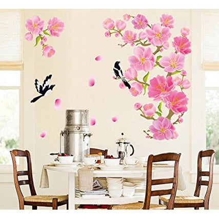 Decals Design 'Flowers and Magpie Birds Flying' Wall Sticker  size 60x90 df5089