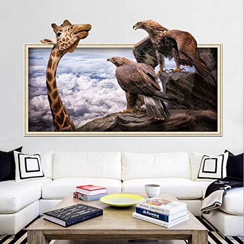 Eagles Stare at Giraffe Clouds Fake Window Frame Animals Wall Stickers Xh7239