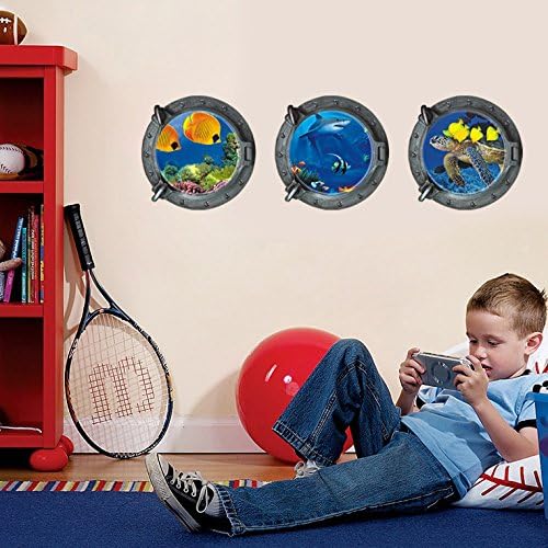 DNVEN Porthole Wall Decals Tropical Fishes Stickers 3D Under the Sea Ocean World Shark Sea Turtles Window View Faux Submarine Removable Murals for Bedrooms Boys Room Decor 13 inches x 13 inches x 3pcs