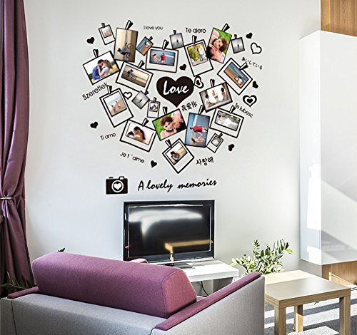 Xh3745 I Love You" Love Heart Black and White Photo Picture Frame Wall Decals,Living Room Bedroom Removable Wall Stickers Murals