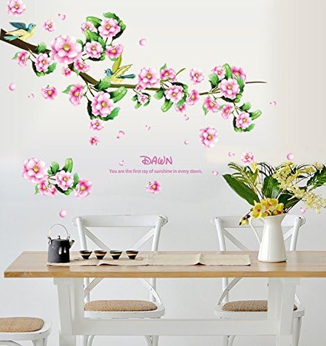 Wall Decal Pink Flowers Green Leaves Lovely Birds Home Sticker Ay7206