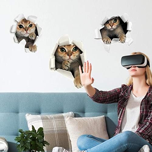 Sks6071 3PCS 3D Cats Wall Sticker Cartoon Animal Hole View Decals Removable DIY Decoration Pet Love for Baby Kids Nursery Room Kitchen Living Room Bedroom Bathroom