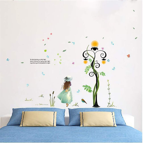 PG887 3D Color Wall Sticker Series 1- Cute Girl Under Plant Streetlight, Painting, Cartoon Character, English Alphabet Wallpaper Sticker Decoration School&Classroom