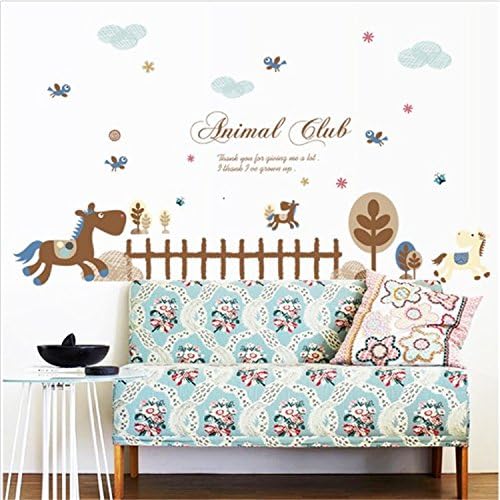 MJ8010 Animal Club Happy Animals Wooden Horse Playground Peel and Stick Removable Vinyl Wall Stickers