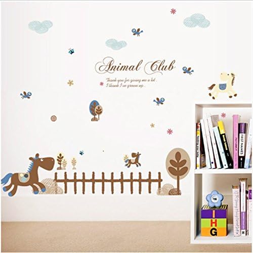 MJ8010 Animal Club Happy Animals Wooden Horse Playground Peel and Stick Removable Vinyl Wall Stickers