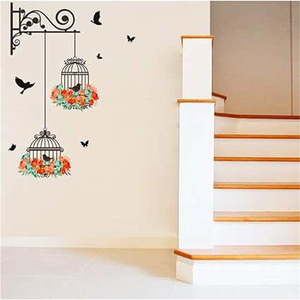 Cartoon Wall Stickers Bird Cage Flower Flying Living Room Nursery Room Vinyl Wall Decal Wall Stickers Childrens Room Home Decoration