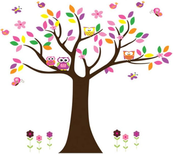Colorful Tree Owls Wall Decal Butterflies Birds Home Sticker Paper Removable Living Dinning Room Bedroom Kitchen Art Picture Murals DIY Stick Girls Boys Kids Nursery Baby Playroom Decoration size 60x90 df5084