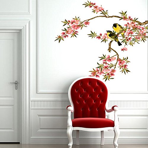 Soledi® DIY Wall Decal Peach Blossom Tree Branches Love Birds Removable Wall Mural Sticker Bedroom Living Room Home Art Wall Decor