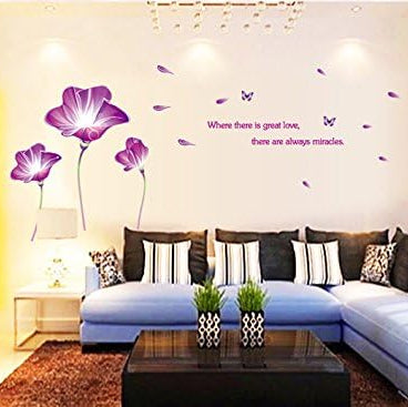 Purple Lily Flowers Butterflies English Letters Wall Sticker House Decal Removable Living Room Wallpaper size 60x90  ay9167