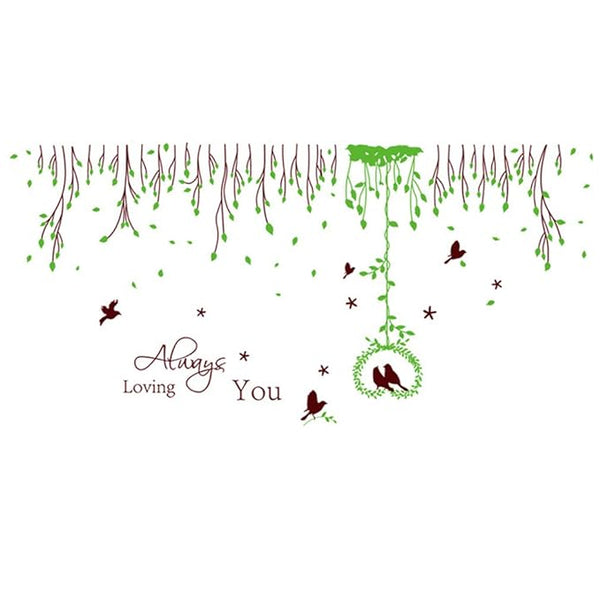 Wall Sticker English Letters Rural Green Leaves Birds Paper Home Decal Removable Wall Vinyl Living Room Bedroom PVC Art Picture Murals DIY Stick for Adults Teens Kids Nursery Baby