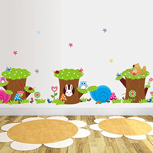 Happy Rabbit Owl Ant Bird Stump Wall Art Decals Decor Peel and Stick Removable Sticker for Children's Room size 60x90 nc016