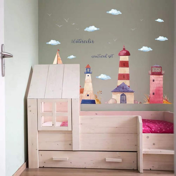 HM92019 Watercolor Lighthouse Wall Stickers Sailing Clouds Wall Sticker