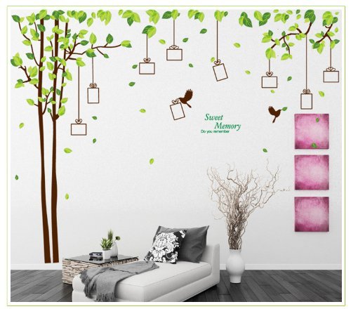 Sweet Memory Character Tree and Green Leafs of Nine Picture Frame and Two Birds for Home Wall