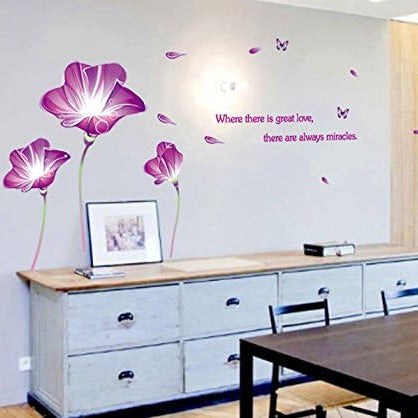 Purple Lily Flowers Butterflies English Letters Wall Sticker House Decal Removable Living Room Wallpaper size 60x90  ay9167
