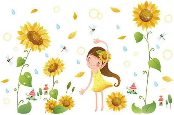 fashionbeautybuy Girl Sunflower Flowers Dragonfly Wall Sticker Decal Home Decor PVC Murals Wallpaper House Art Picture Living Room Adult Senior Teen Kids Baby Bedroom Decoration size 50x70 xls7192