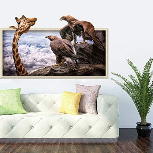 Eagles Stare at Giraffe Clouds Fake Window Frame Animals Wall Stickers Xh7239