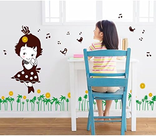 Shy Girl Birds Singing Music Notes Flowers Green Leaves Wall Decal PVC Home Sticker House Vinyl Paper Decoration WallPaper Living Room Bedroom Kitchen Art Picture DIY Murals