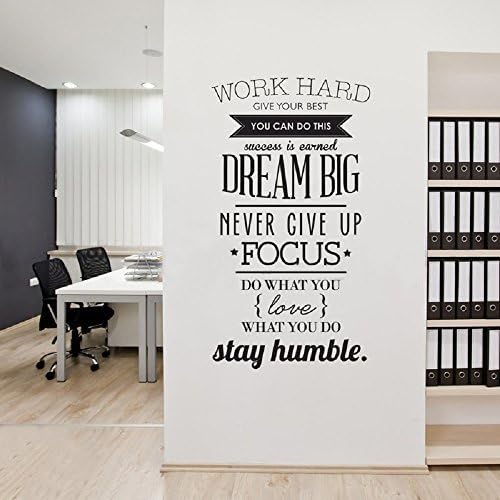 DZR2002 i20"w x 40"h Removable Vinyl Quotes "Work Hard, Never Give up" Wall Decal Inspirational Lettering Wall Sticker Decor Saying Murals for Kids Bedroom Living Room Nursery Walls Classroom Black