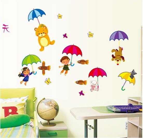 Children's room wall sticker with animals and people on umbrellas size 50x70 xy8011