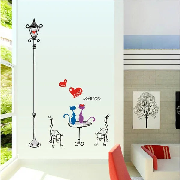 Romantic Cats Lovers In the Street Lamp DIY Removable Wall Stickers