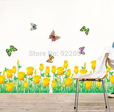 BEST OF BEST Little Yellow Flower Butterflies Baseboard Skirting Line Vinyl Wall Sticker Ay7025