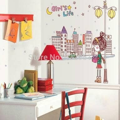 AY7123 Generic City Girl Street Lamp Pattern Removable Wall Sticker