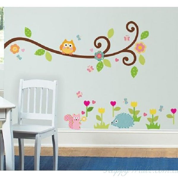 Cute Owlets On Floral Tree Wall Stickers For Kindergarten Kids Room Home Decoration Diy Cartoon Owls Animal Mural Art Pvc Decal size 50x70 zy1004