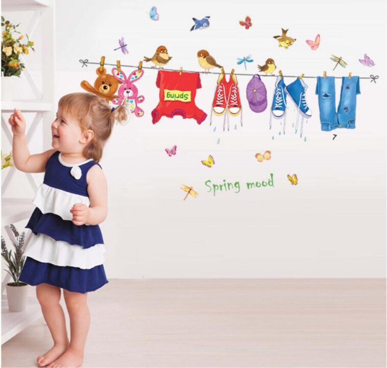 Wall Sticker ABC-1063 Hanging Clothes Shoes Toys Wall Paper For Kids Room Colorful Birds And Butterflies