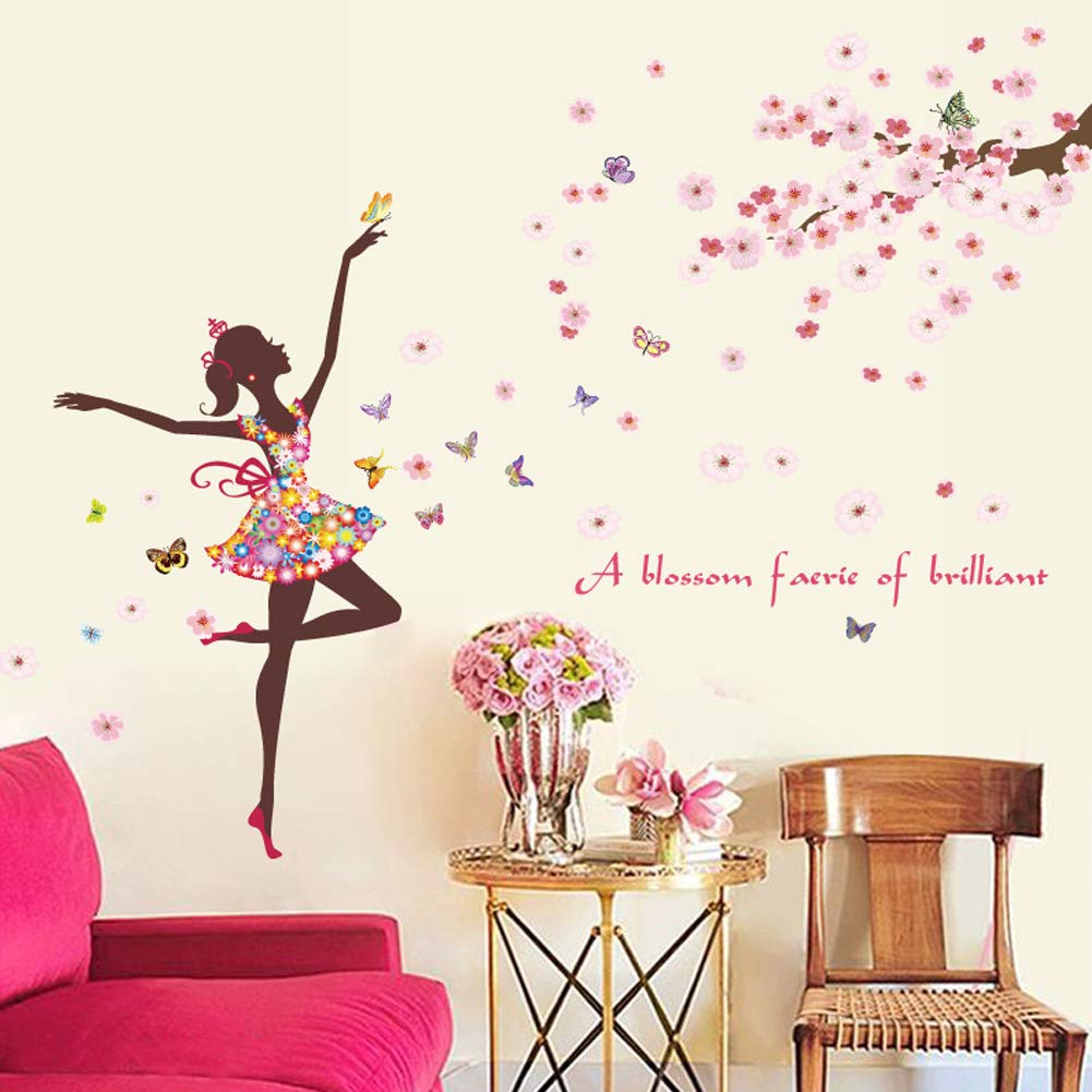 DIY Butterfly Wall Sticker Fairy Flower Girl Wall Decal Vinyl DIY Wall Art Mural Sticker for Kids Room Bedroom Living Room Decoration (Butterflies Girl) size 60x90 hm92005