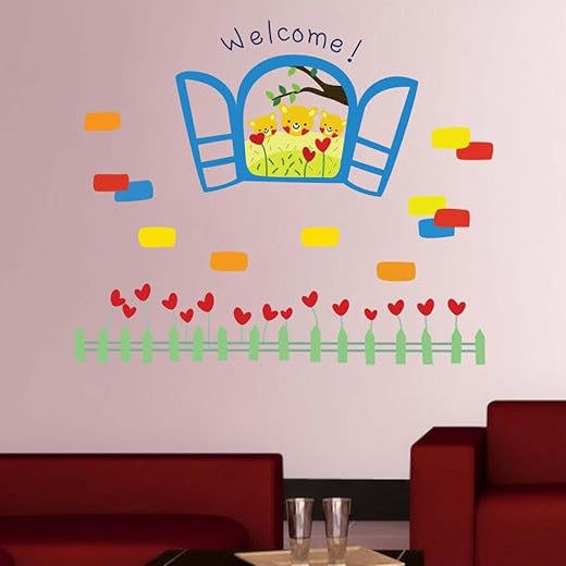 Cute Bear Window and Flower Wall Sticker size 60x90 ay840