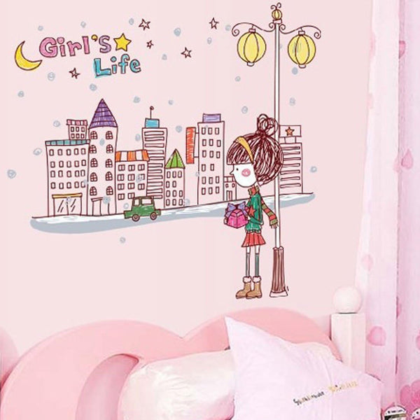 AY7123 Generic City Girl Street Lamp Pattern Removable Wall Sticker